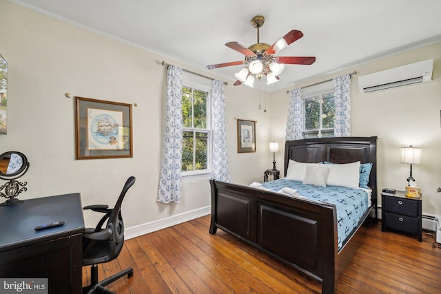 bedroom with a wall mounted AC, dark wood-type flooring, crown molding, and ceiling fan