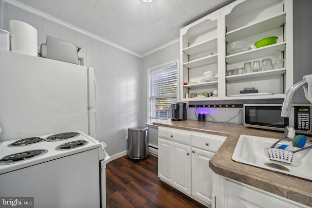 kitchen featuring white cabinetry, baseboard heating, ornamental molding, white appliances, and dark wood-type flooring