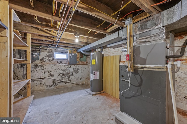 basement with electric water heater and electric panel