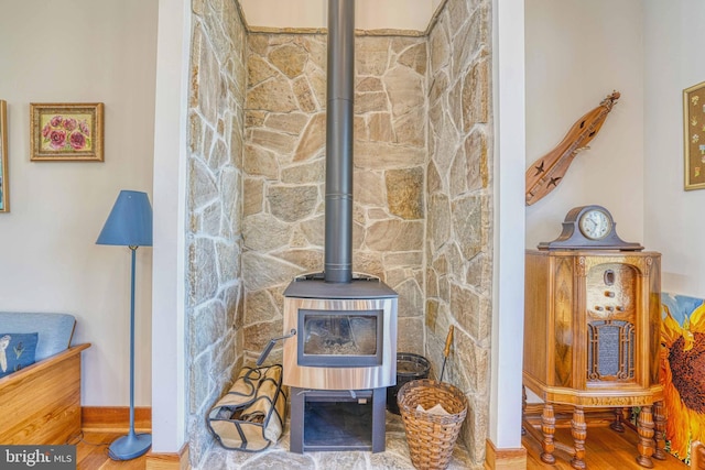 interior details with a wood stove