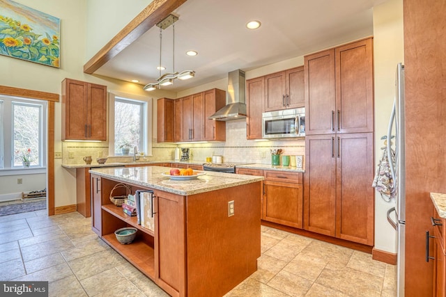 kitchen with open shelves, tasteful backsplash, a kitchen island, stainless steel appliances, and wall chimney exhaust hood