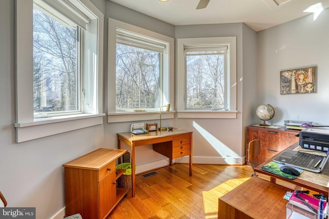 office area featuring light wood-style flooring, visible vents, and baseboards