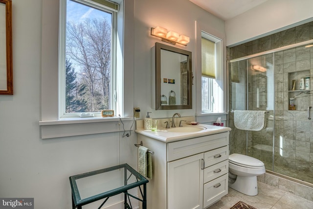 bathroom with a shower stall, vanity, and toilet