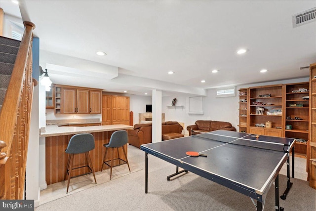 playroom featuring recessed lighting, visible vents, and light colored carpet