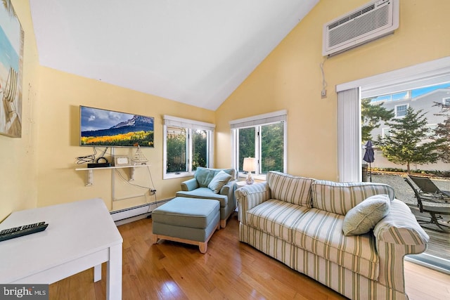 living room with a wall unit AC, high vaulted ceiling, wood-type flooring, and baseboard heating