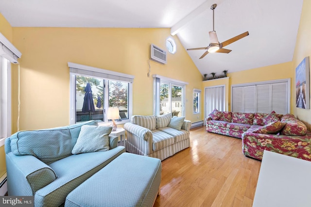 living room with beam ceiling, an AC wall unit, high vaulted ceiling, light hardwood / wood-style floors, and a baseboard heating unit