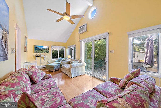 living room featuring a baseboard radiator, ceiling fan, high vaulted ceiling, light hardwood / wood-style floors, and a wall unit AC