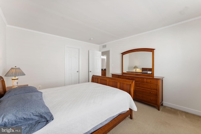 carpeted bedroom with ornamental molding