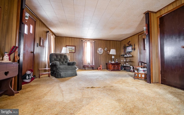 sitting room with carpet flooring and wood walls