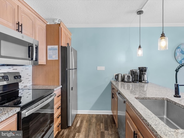 kitchen with dark wood-style floors, appliances with stainless steel finishes, light brown cabinetry, pendant lighting, and a sink