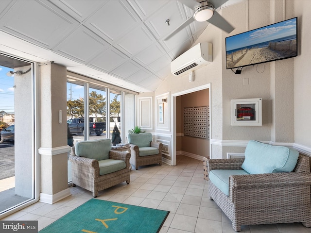 sunroom / solarium with ceiling fan and a wall mounted AC