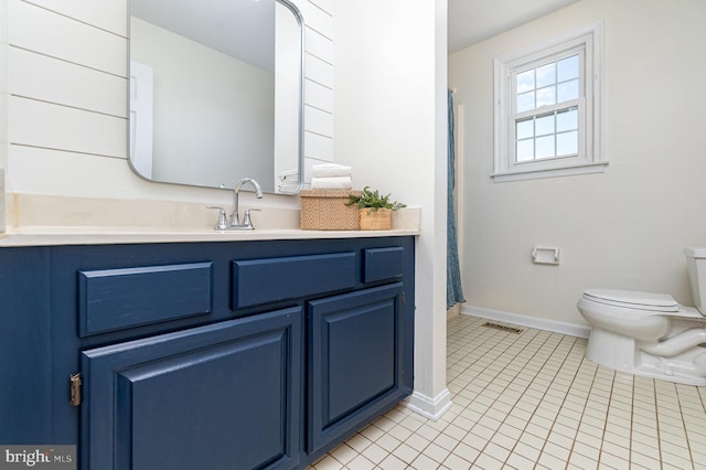 full bath featuring visible vents, baseboards, toilet, tile patterned floors, and vanity