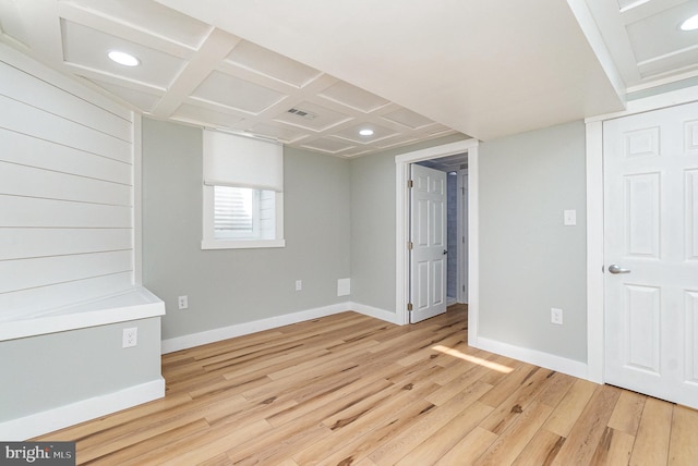 unfurnished room with light wood-style flooring, baseboards, coffered ceiling, and recessed lighting