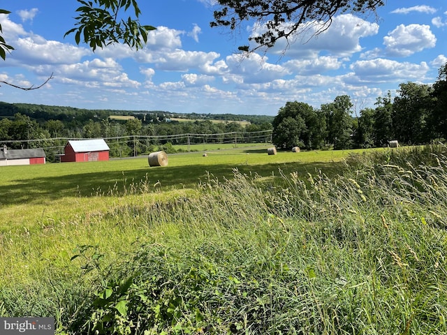 view of yard with a rural view, a wooded view, and an outbuilding