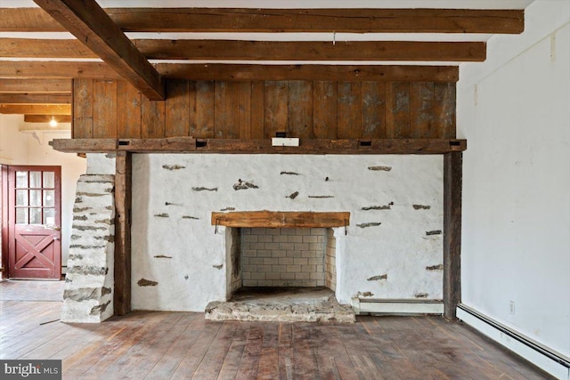 room details featuring beam ceiling, baseboard heating, and wood finished floors