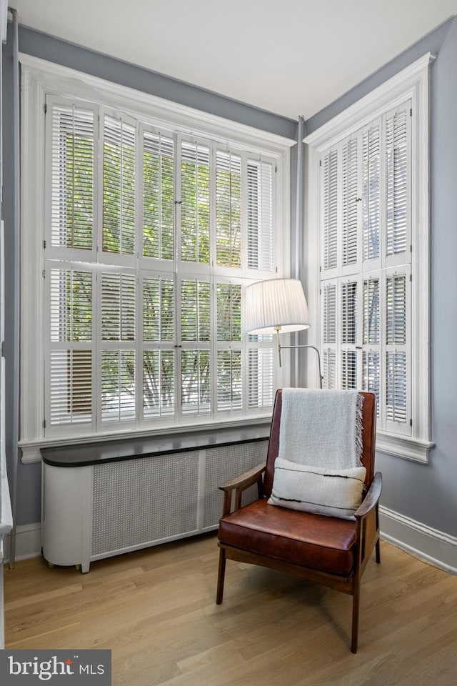 living area featuring light wood finished floors and baseboards