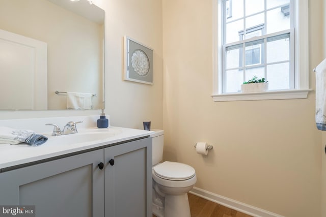 bathroom featuring toilet, vanity, and wood-type flooring