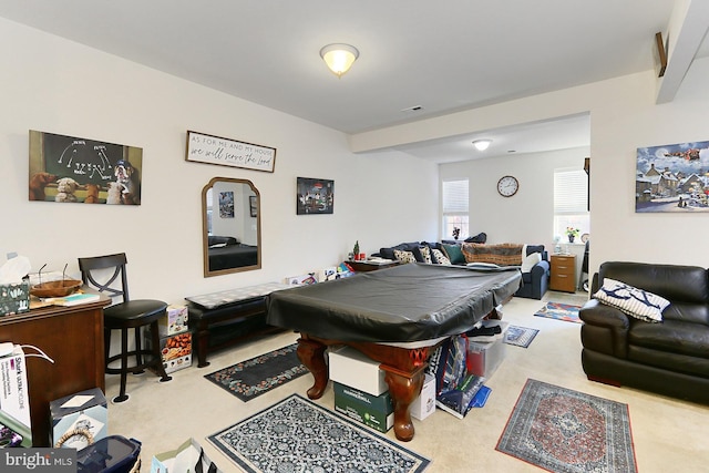 playroom featuring light carpet, pool table, and visible vents