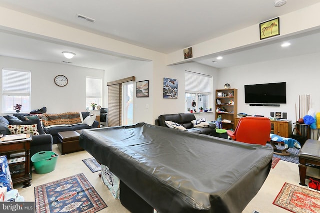 playroom featuring pool table, carpet, visible vents, and recessed lighting