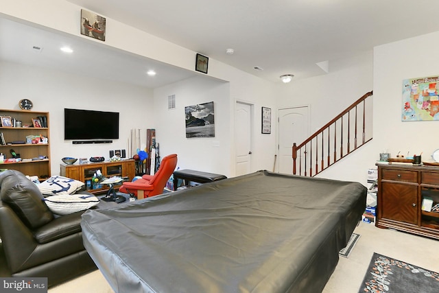 recreation room featuring recessed lighting, visible vents, light colored carpet, and pool table