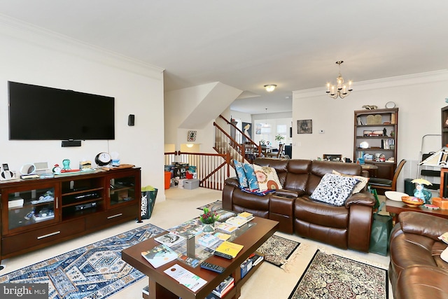 carpeted living area featuring a chandelier, ornamental molding, and stairway