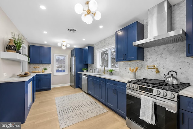 kitchen with sink, wall chimney exhaust hood, stainless steel appliances, and blue cabinets