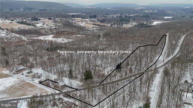 snowy aerial view with a mountain view