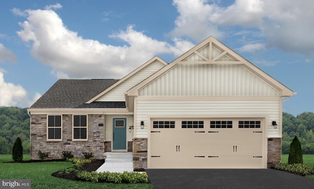 craftsman-style home featuring a shingled roof, board and batten siding, a garage, stone siding, and driveway