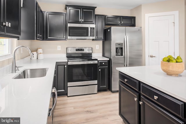 kitchen featuring dark cabinetry, appliances with stainless steel finishes, light countertops, and a sink