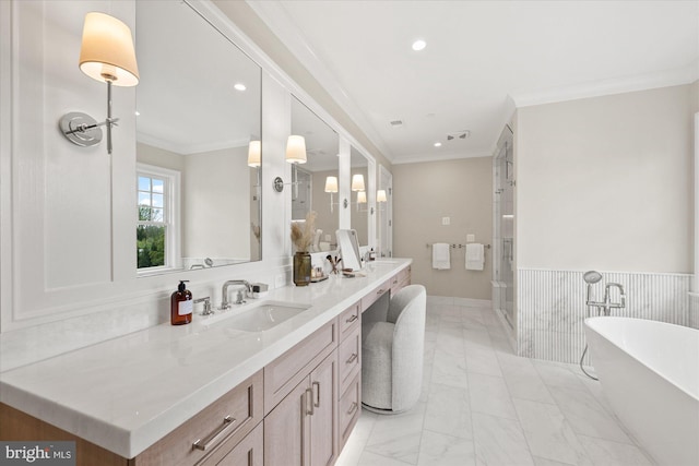 5408 Moorland Ln, Bethesda, MD 20814 - bathroom with double vanity, a freestanding tub, marble look tiles, crown molding, and a shower stall