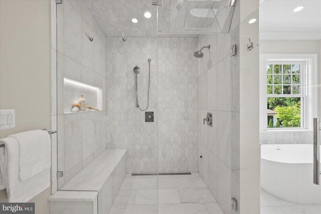 5408 Moorland Ln, Bethesda, MD 20814 - full bathroom with a soaking tub, tiled shower, and recessed lighting