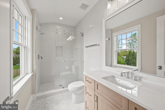 5408 Moorland Ln, Bethesda, MD 20814 - bathroom featuring a stall shower, vanity, toilet, and recessed lighting