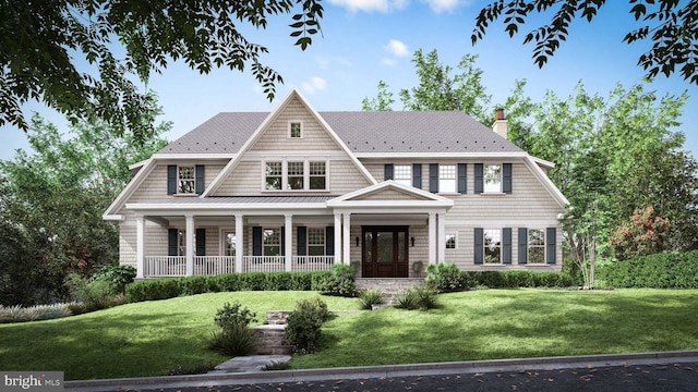 shingle-style home with a porch, a front yard, french doors, and a chimney