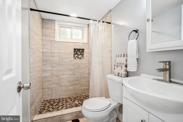 full bathroom with a stall shower, vanity, and toilet