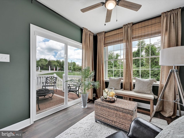 interior space featuring hardwood / wood-style floors and ceiling fan