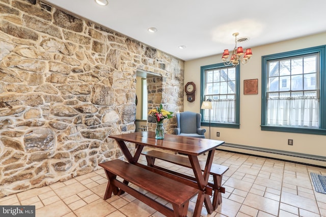 dining space featuring visible vents, a baseboard heating unit, recessed lighting, light tile patterned floors, and a chandelier