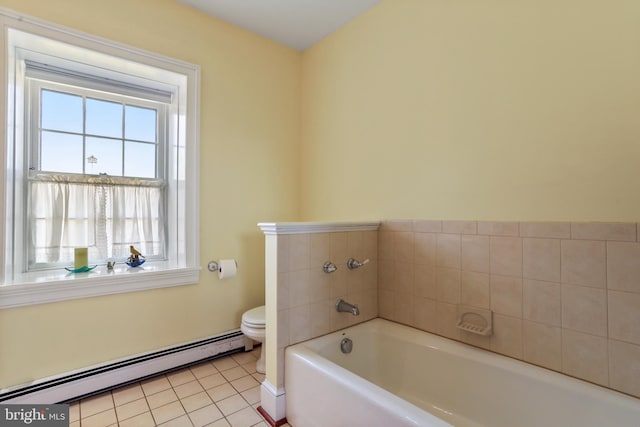 bathroom with baseboard heating, a bath, toilet, and tile patterned flooring