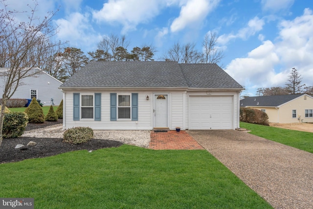 single story home featuring a garage, concrete driveway, a shingled roof, and a front lawn