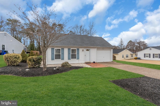 single story home with a front yard, roof with shingles, driveway, and an attached garage