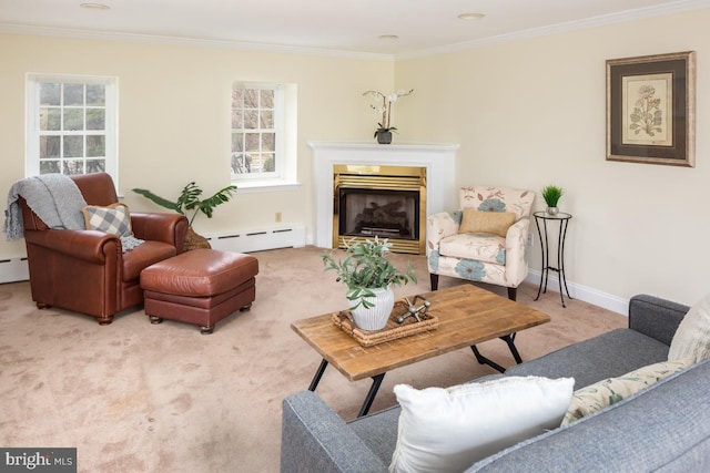 living room with a baseboard radiator, a glass covered fireplace, crown molding, and carpet