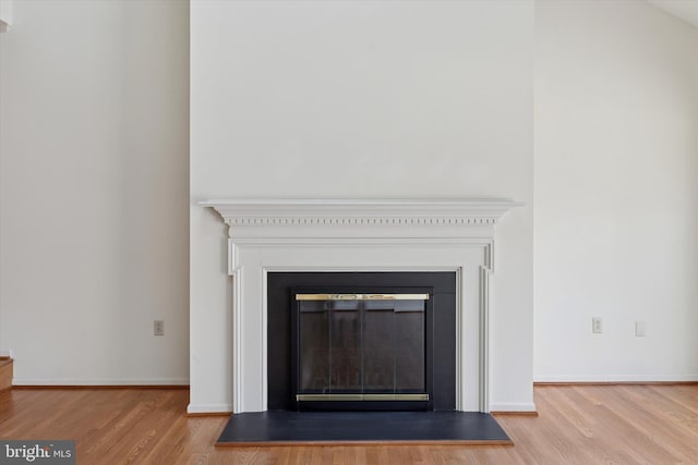 details featuring a glass covered fireplace, baseboards, and wood finished floors