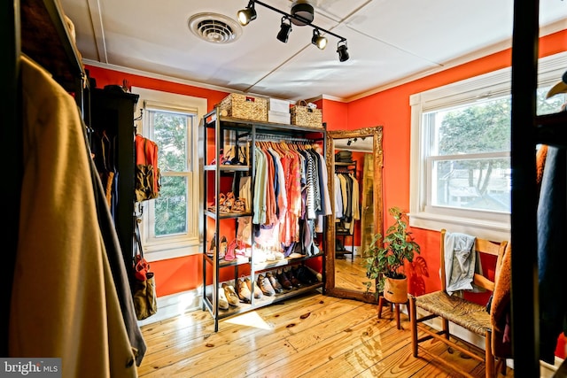 spacious closet featuring light wood finished floors and visible vents