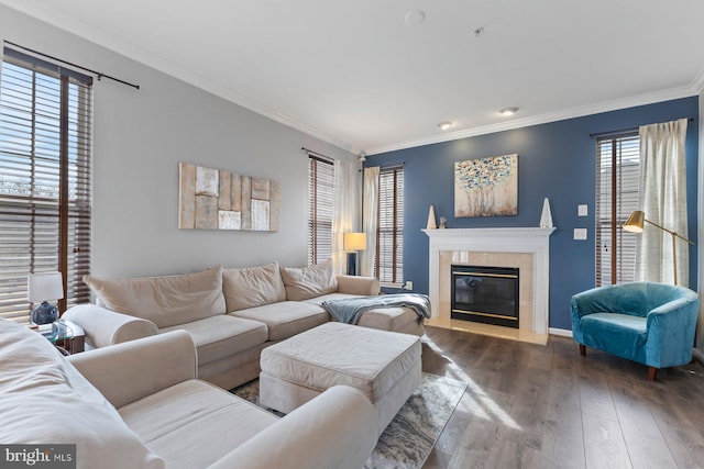 living area featuring a fireplace, crown molding, baseboards, and wood finished floors