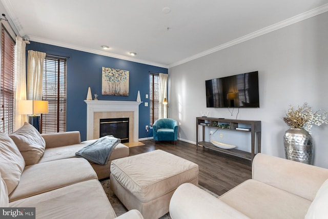 living area featuring ornamental molding, a premium fireplace, wood finished floors, and baseboards