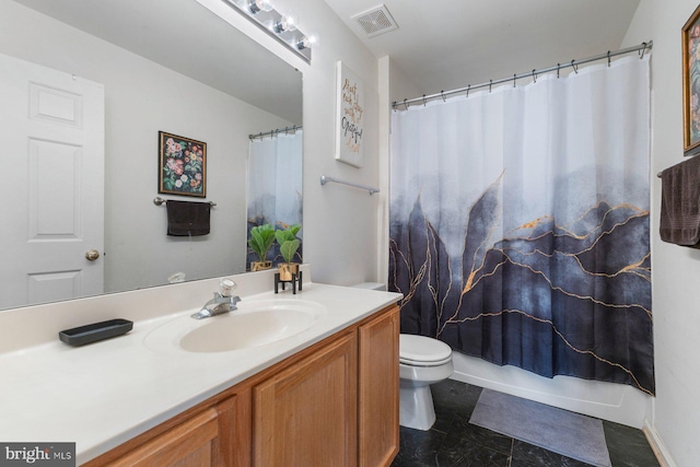 full bath featuring tile patterned flooring, visible vents, vanity, and toilet