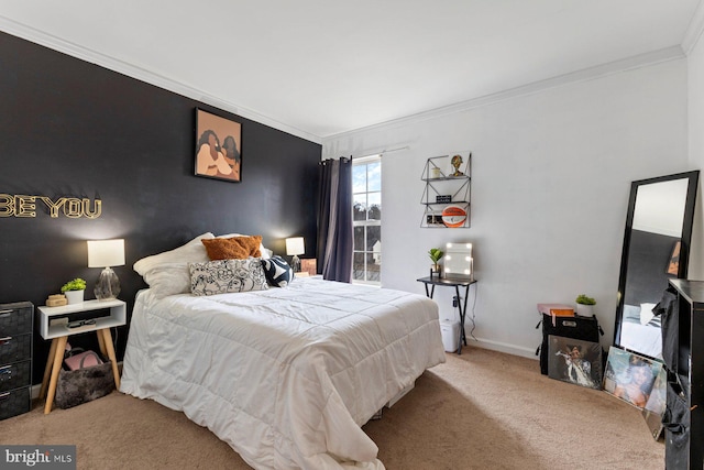 bedroom featuring carpet, ornamental molding, and baseboards