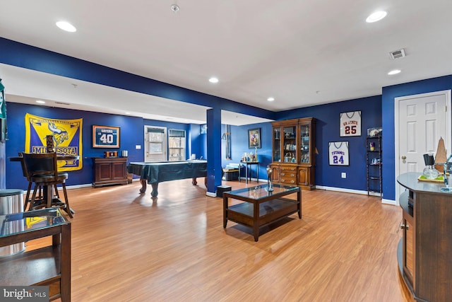 recreation room with recessed lighting, pool table, visible vents, baseboards, and light wood finished floors