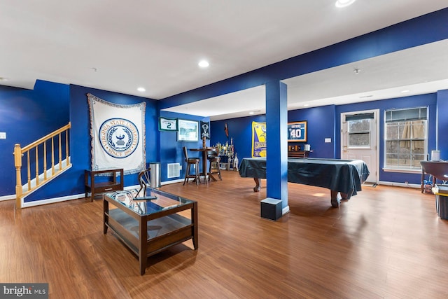 playroom with pool table, wood finished floors, visible vents, and recessed lighting