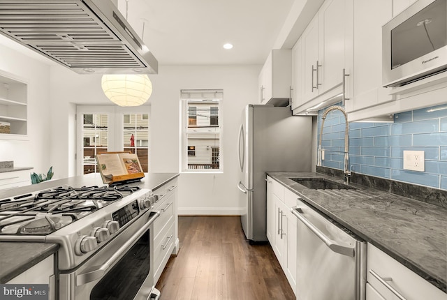 kitchen with tasteful backsplash, appliances with stainless steel finishes, range hood, white cabinetry, and a sink