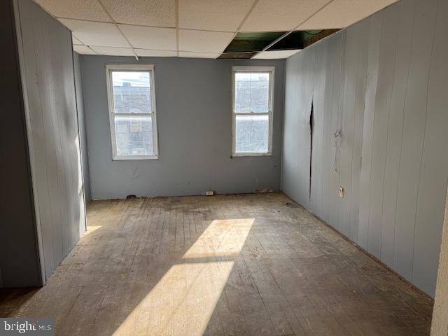 spare room featuring wooden walls, a drop ceiling, plenty of natural light, and light wood-style flooring